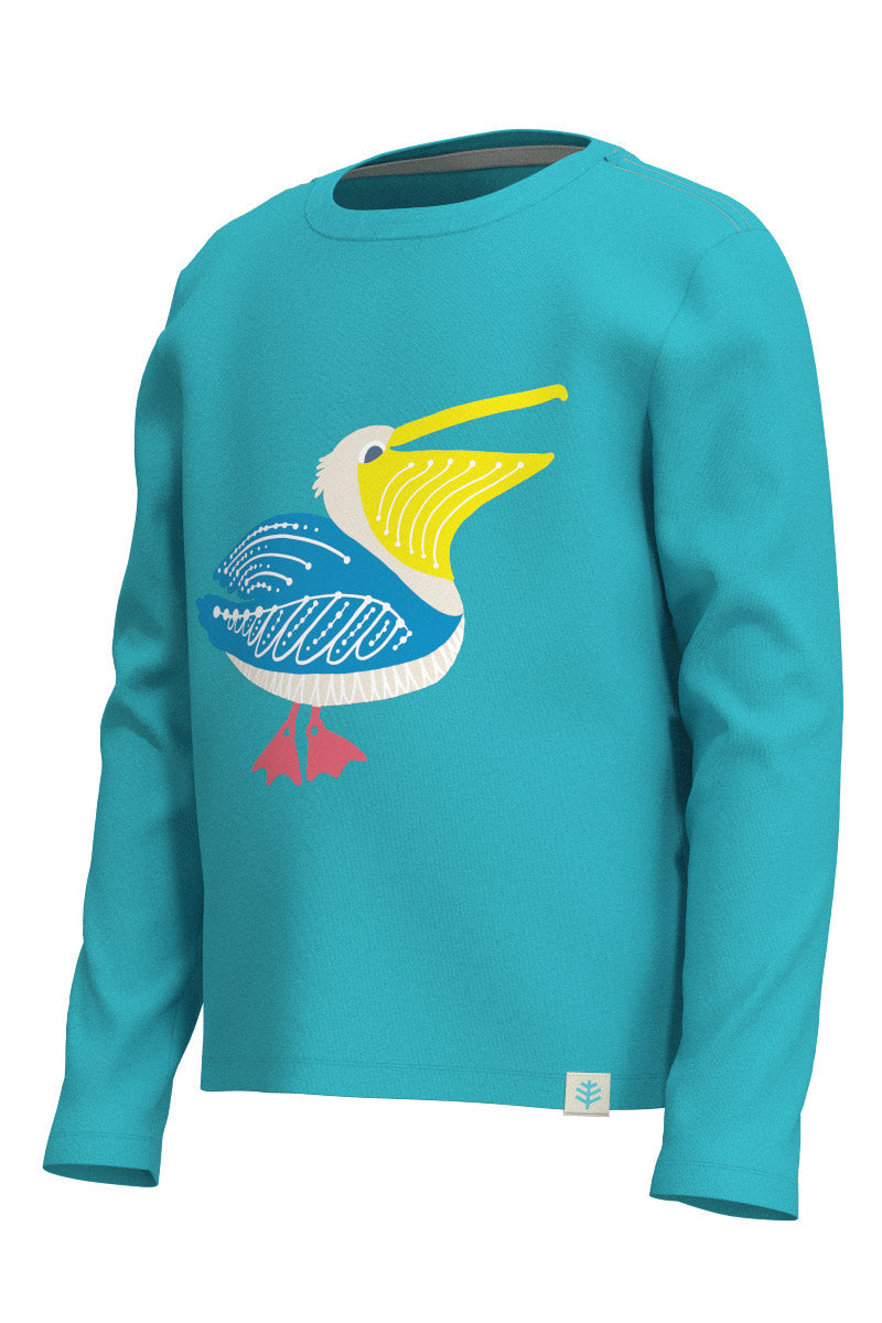 Kid's Coco Plum Everyday Long Sleeve Graphic T-Shirt | Blue Curacao Happy Pelican