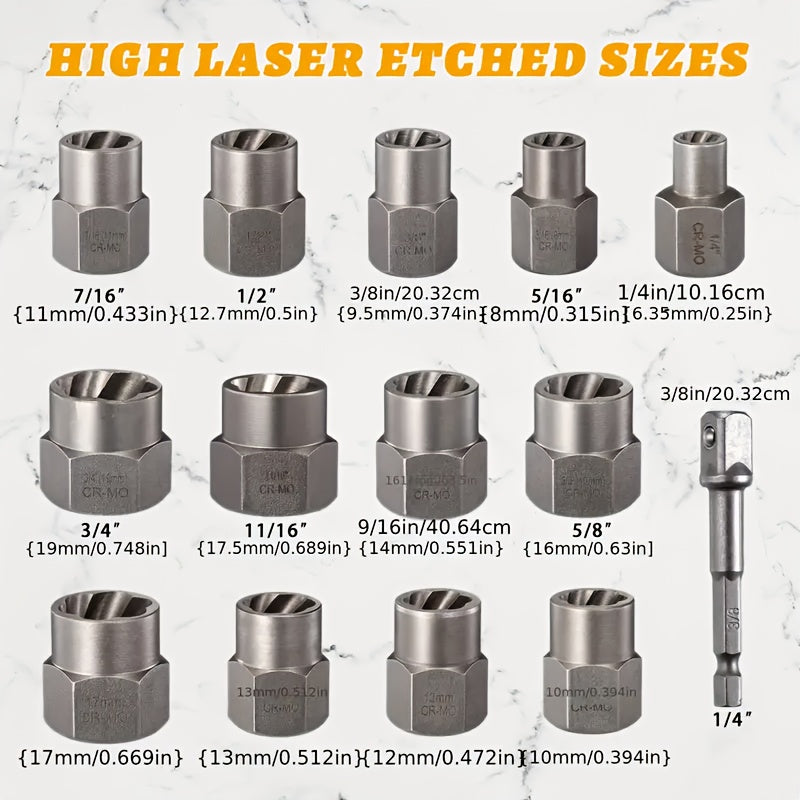 YCUPUP Nut Extractor Kit 14pcs Nut Removal Tool With 13 Bolts And Nut Removers, 1 Hex Socket Adapter For 1/4" To 3/8" Drives