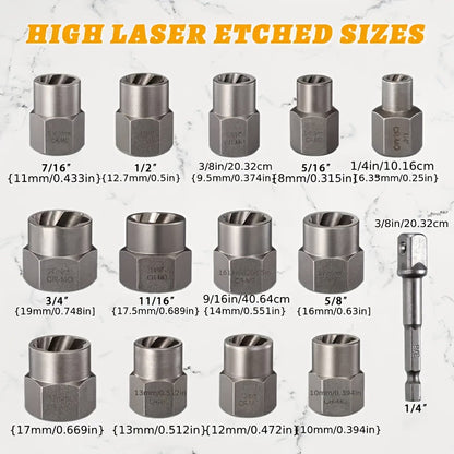 YCUPUP Nut Extractor Kit 14pcs Nut Removal Tool With 13 Bolts And Nut Removers, 1 Hex Socket Adapter For 1/4" To 3/8" Drives