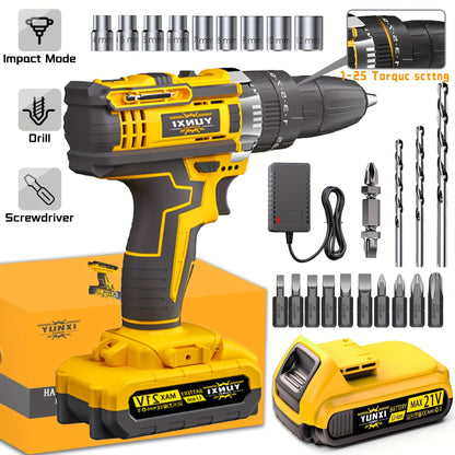 21V Multi-function Impact Drill Set Wireless Power w/ Battery And Quick Charger