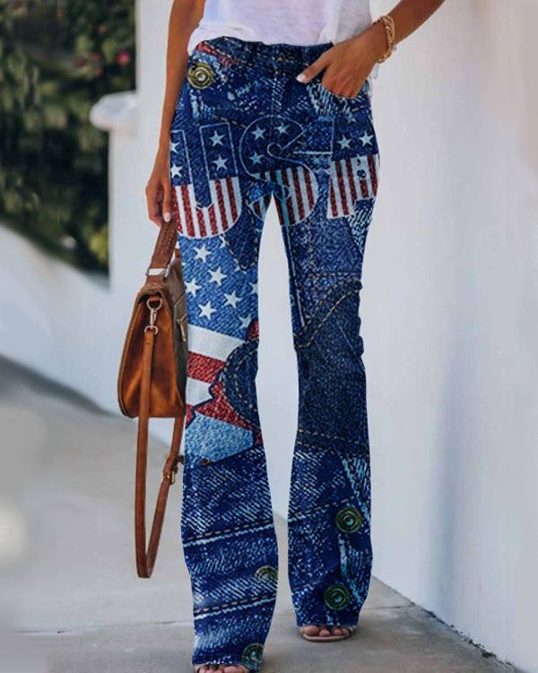 Womens 3D Patterned Flare Jeans - Artistic Printed High-Waisted Denim Trousers