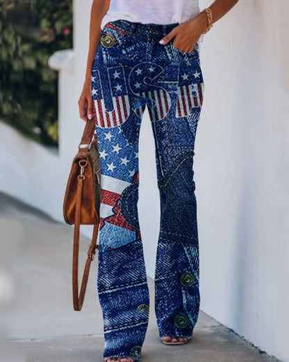 Womens 3D Patterned Flare Jeans - Artistic Printed High-Waisted Denim Trousers