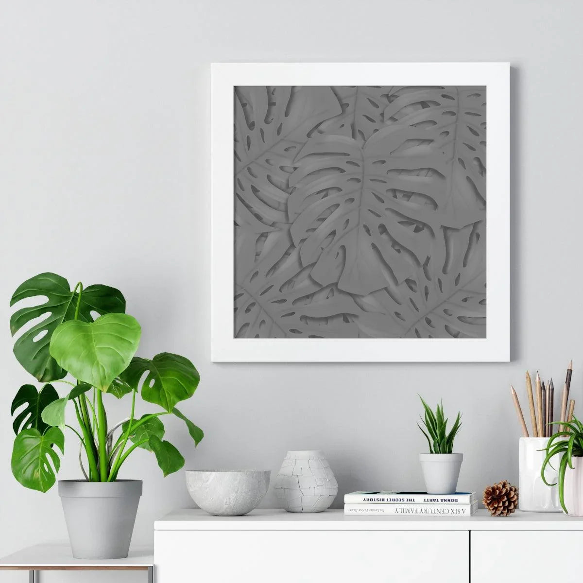 Grey Monstera Framed Print – Botanical Wall Art