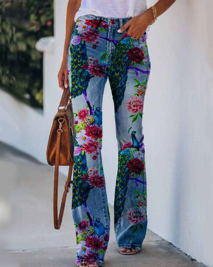 Womens 3D Patterned Flare Jeans - Artistic Printed High-Waisted Denim Trousers