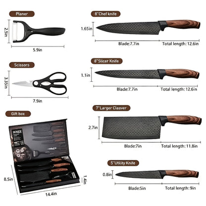 Professional 6pcs Kitchen Knife Set - Chef's Knife, Slicing Knife, Scraper, and Scissors - High Carbon Stainless Steel with Ultra-Sharp Blades, Non-Stick Ergonomic Wooden Handles - Ideal for Home, Travel, and Gift Box Set