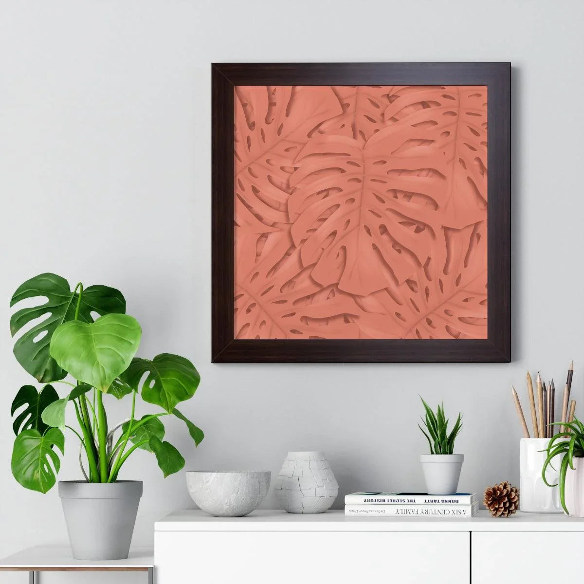 Coral Monstera Framed Print – Botanical Wall Art