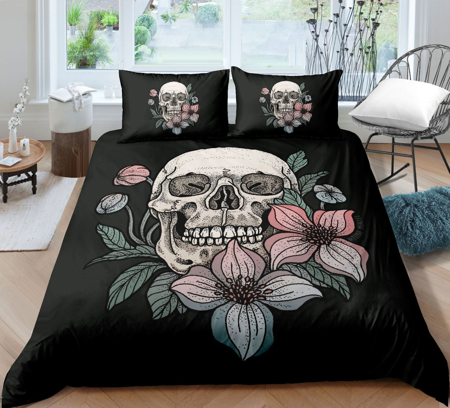 Fashion Skull 3D Digital Printing Skull Three-piece Set Bed Sheet Quilt Cover Pillowcase
