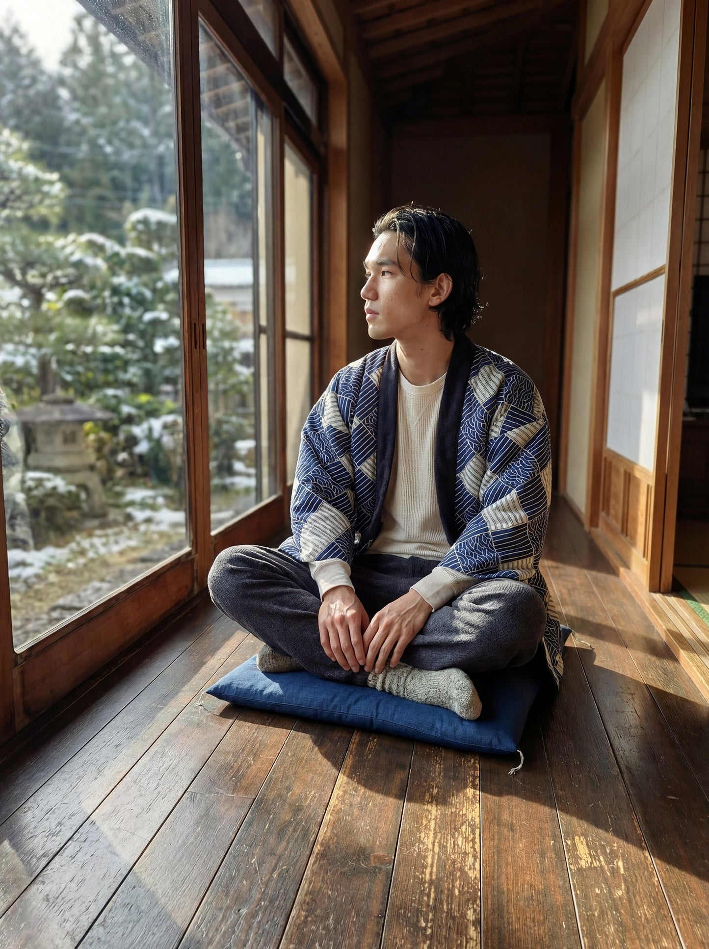 Men's Haori Style Autumn Winter Quilted Jacket Japanese Kimono Coat, Striped Loungewear, Indoor Wear. Lightweight Thermal Japanese Style Cotton Coat