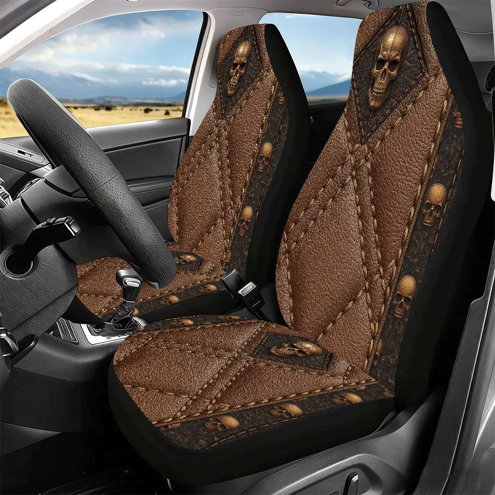 2pcs Brown Skull Car Seat Covers Suitable for Front Seats, High Back Design, Material, Suitable for Cars, SUVs and Trucks, Women's Car Accessories, Christmas Eve Scares, Halloween, Special Promotion Clearance.