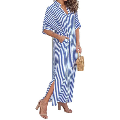 Elegant Casual Striped Shirt Dress - Lightweight 3/4 Sleeve Midi Dress