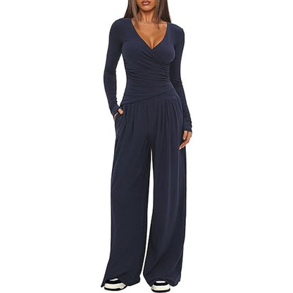 2 Pieces Women's V Neck Long-sleeve Sportswear Top And Wide-leg Pants Set Casual Comfortable Outfit Set For Daily Wear Gym Sports Outfit