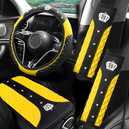 PU Leather Car Steering Wheel Cover Set, Carbon Fiber Pattern, Shoulder Pads, Leather Armrest, 4 pcs, for Comfortable Driving