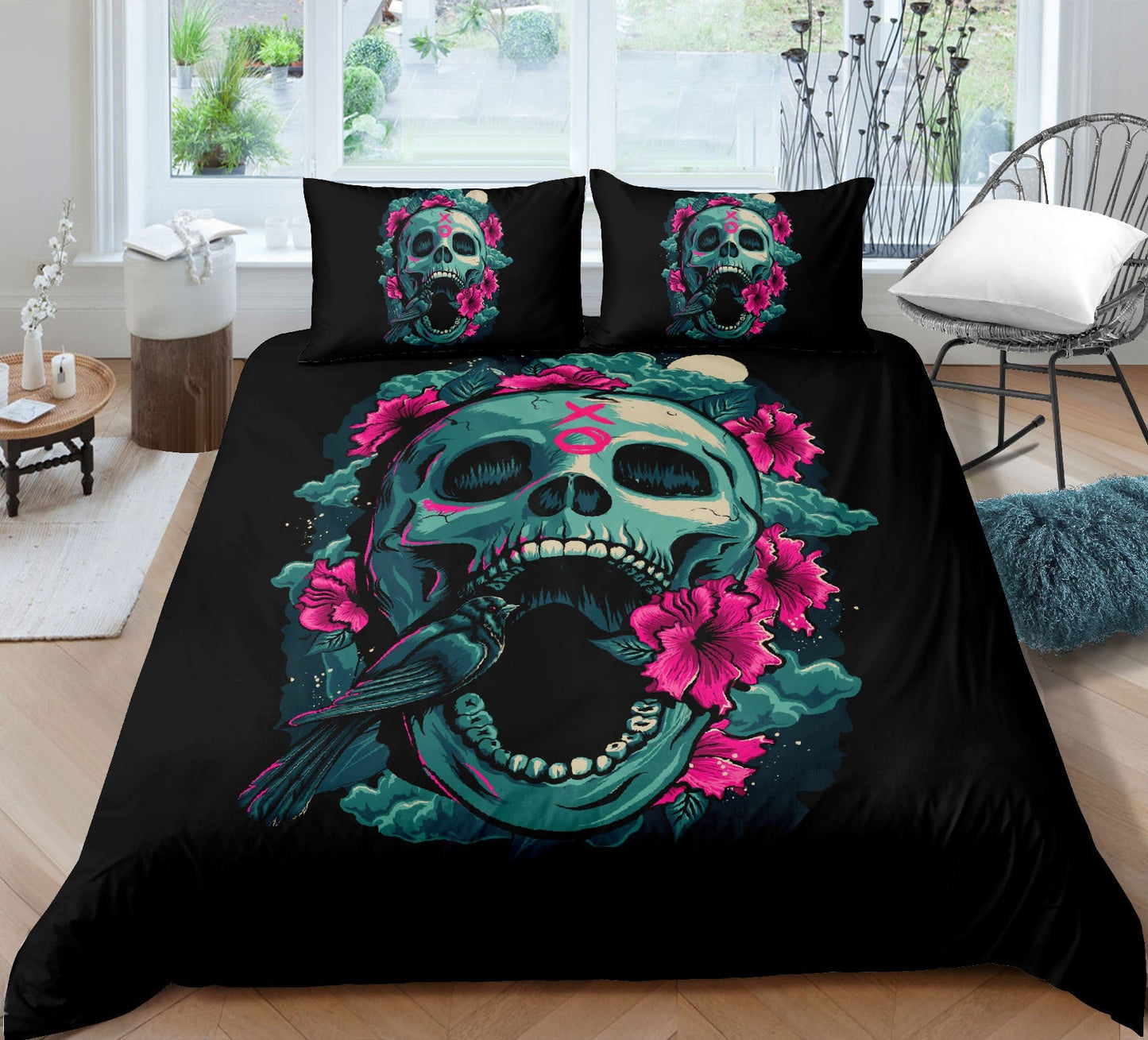 Fashion Skull 3D Digital Printing Skull Three-piece Set Bed Sheet Quilt Cover Pillowcase