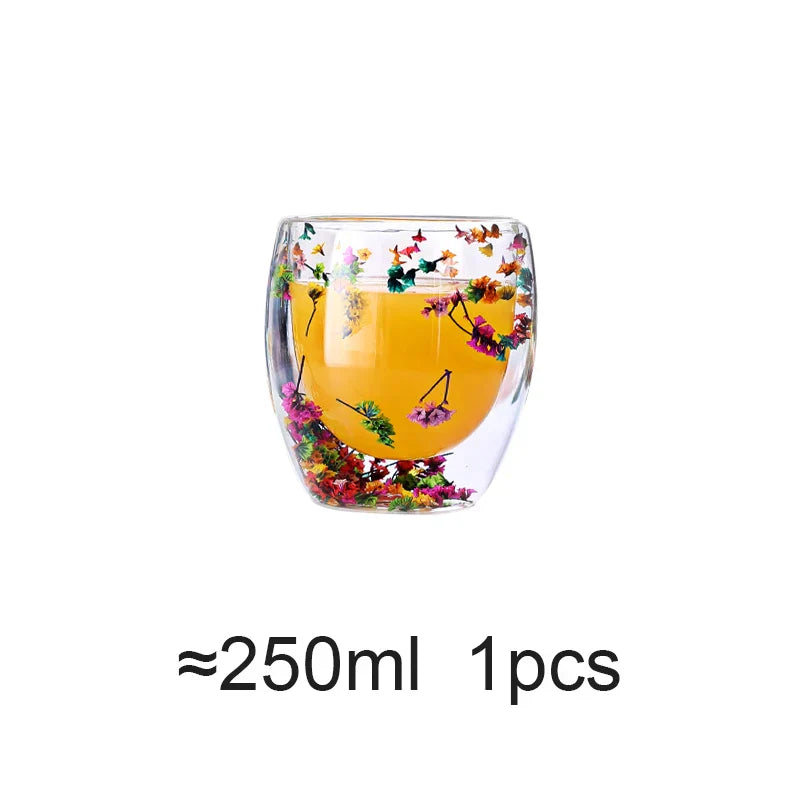 Creative Real Flower Heat-resistant Double Layer Glass Cup