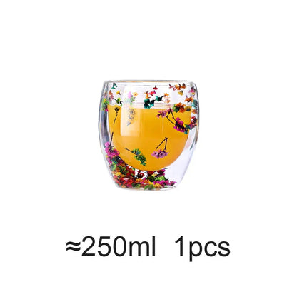 Creative Real Flower Heat-resistant Double Layer Glass Cup