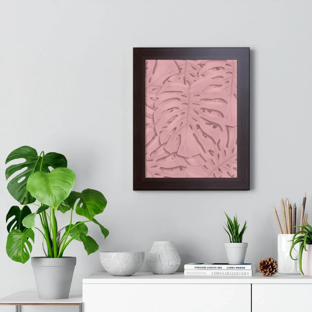 Soft Pink Monstera Framed Print – Botanical Wall Art