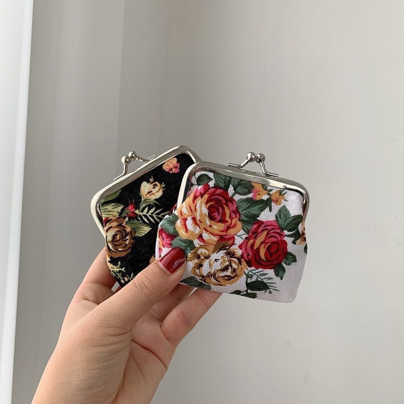 Retro Mini Canvas Coin Purse - Vintage Floral Plaid Small Zipper Wallet Organizer