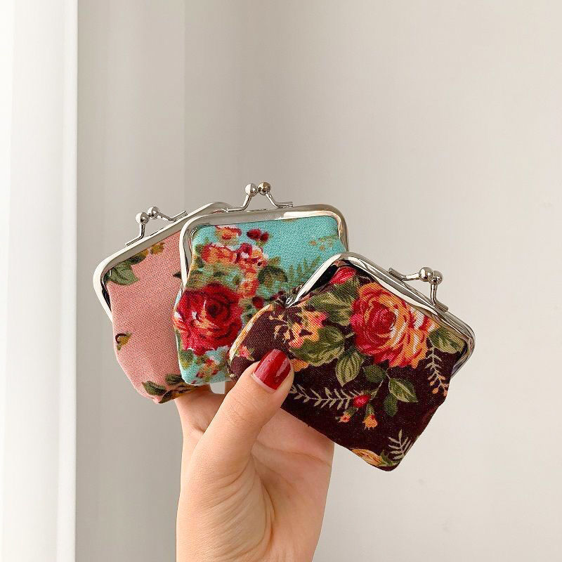 Retro Mini Canvas Coin Purse - Vintage Floral Plaid Small Zipper Wallet Organizer