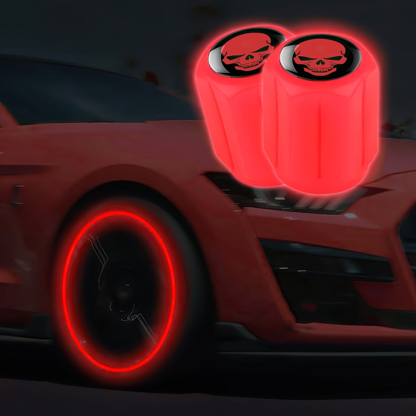 A Collection of Four Glowing Tire Valve Caps Designed to Stop Air from Escaping, Ideal for Vehicles Like Cars, Bikes, And Trucks, Adding a Fashionable Touch