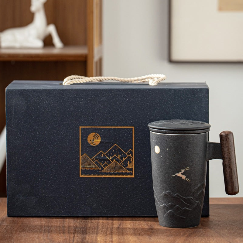 Large capacity tea cup with filter cover and starry sky pattern