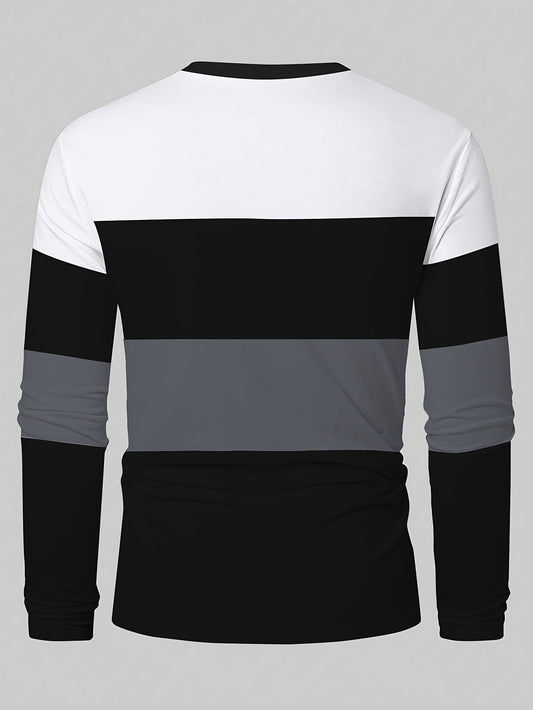Men's & Teens Long Sleeve T-Shirt with Full-Body Striped Print - Black & White All-Season Casual Crew Neck Shirt, Suitable for Dad Gifts, Christmas Presents, Year-Round Wear - Machine Washable Digital Print Underwear