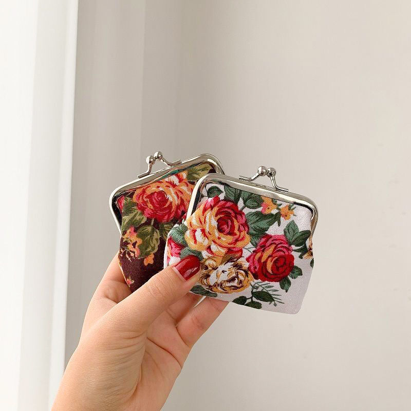 Retro Mini Canvas Coin Purse - Vintage Floral Plaid Small Zipper Wallet Organizer
