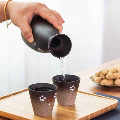 Vintage Ceramic Sake Pot Cup Set Japanese Cherry Blossom Hip Flasks White Wine Spirits Liquor Cup Home Kitchen Flagon Drinkware