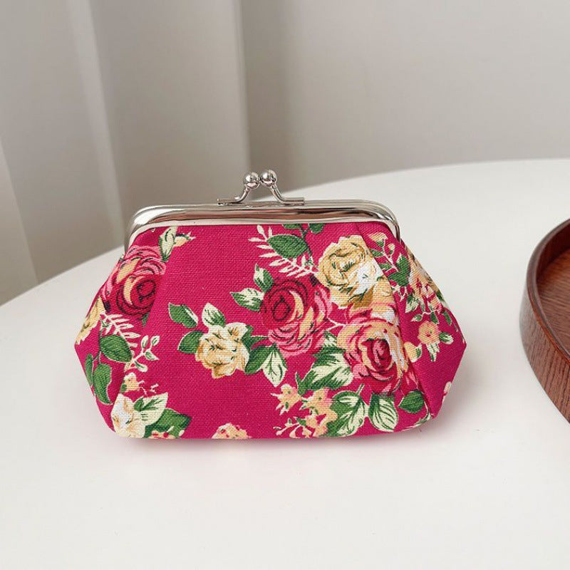 Retro Mini Canvas Coin Purse - Vintage Floral Plaid Small Zipper Wallet Organizer