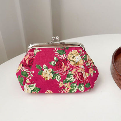 Retro Mini Canvas Coin Purse - Vintage Floral Plaid Small Zipper Wallet Organizer