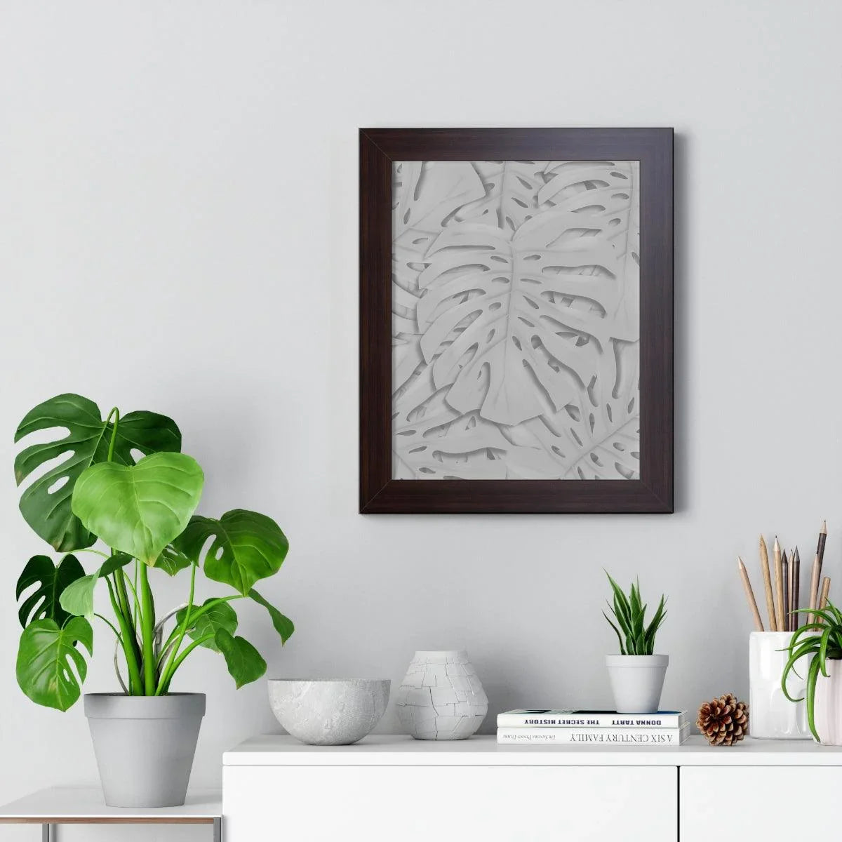 Soft Grey Monstera Framed Print – Botanical Wall Art