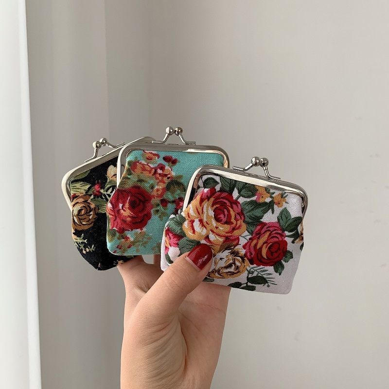 Retro Mini Canvas Coin Purse - Vintage Floral Plaid Small Zipper Wallet Organizer