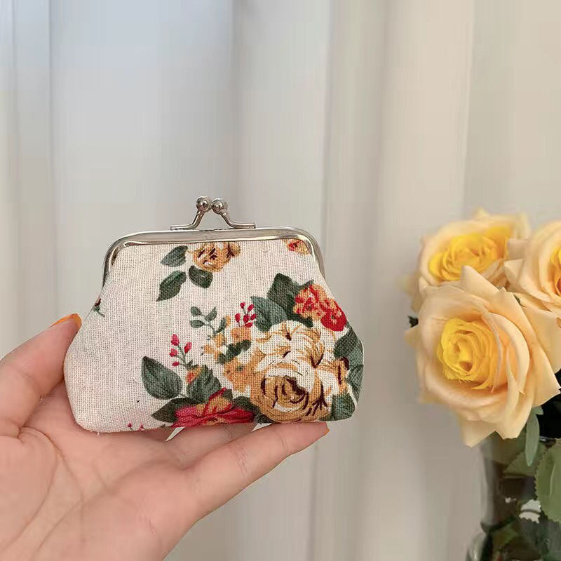 Retro Mini Canvas Coin Purse - Vintage Floral Plaid Small Zipper Wallet Organizer
