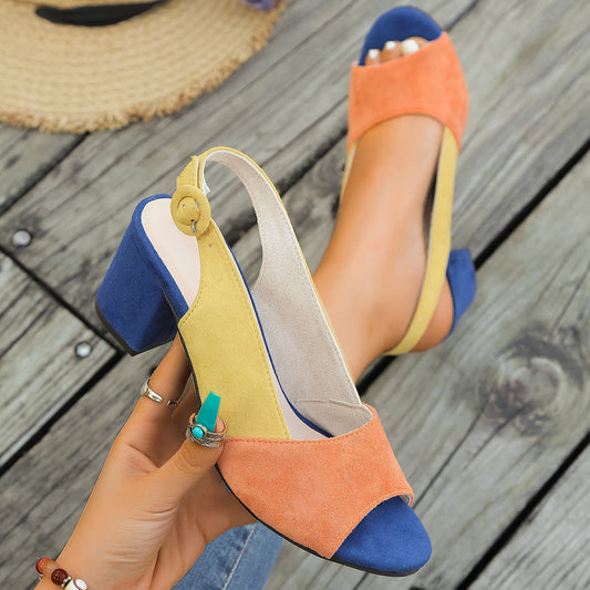 Womens Colorful Block-heeled Round-toe Sandals