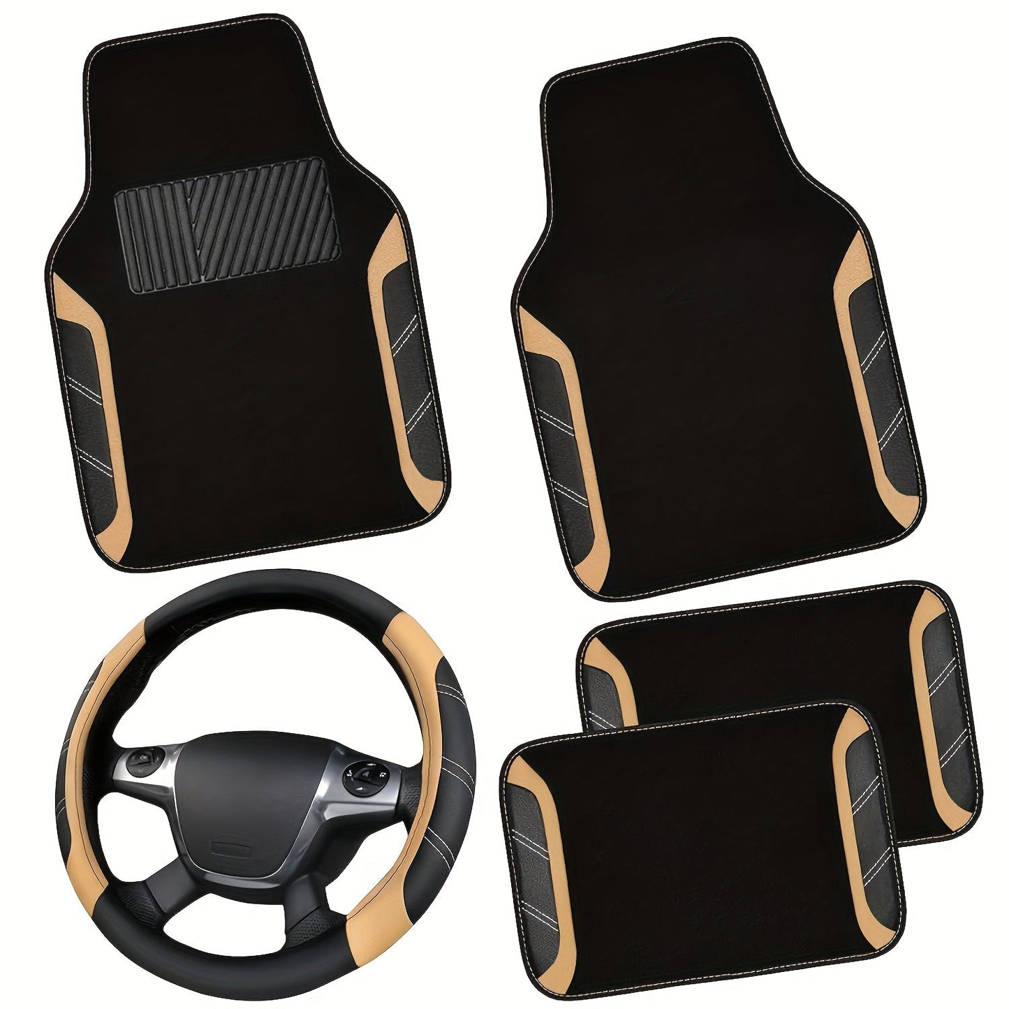 Steering Wheel Cover And Waterproof Car Floor Mats, Microfiber Universal Car Combo Fit for 95% Sedan, SUV, Cars, 14.5-15inch Sporty Anti-Slip Safety Comfortable Design