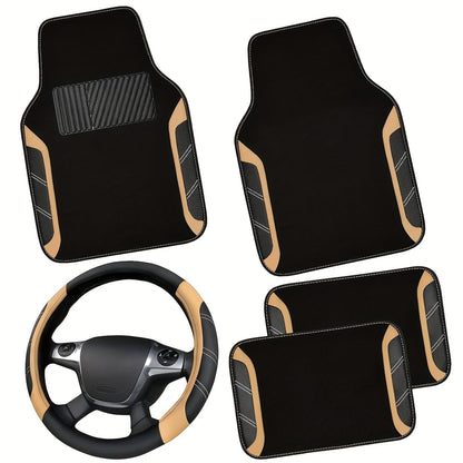 Steering Wheel Cover And Waterproof Car Floor Mats, Microfiber Universal Car Combo Fit for 95% Sedan, SUV, Cars, 14.5-15inch Sporty Anti-Slip Safety Comfortable Design
