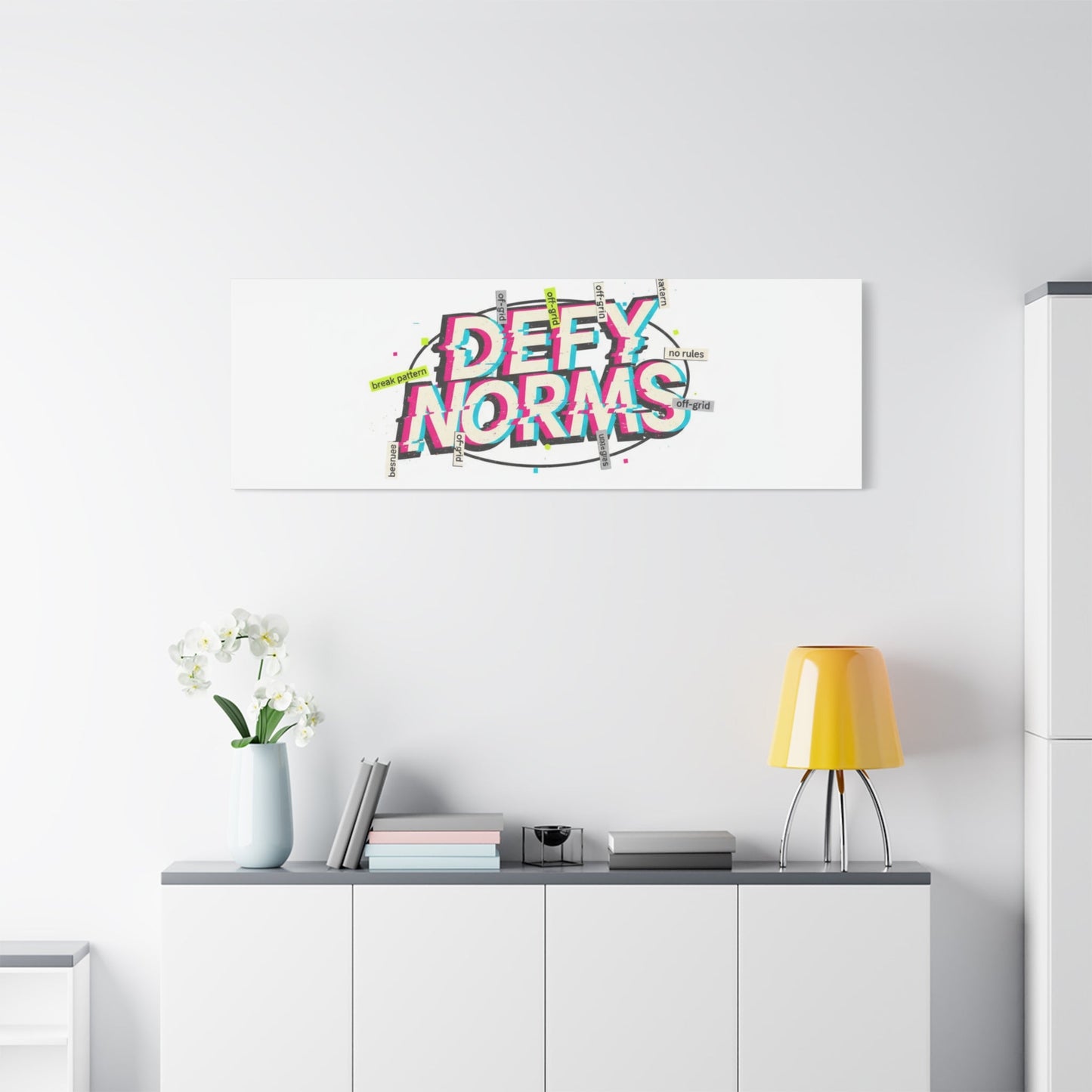 Defy Norms Canvas, Anti-Aesthetic Glitch Typography, Brutalist Poster Style