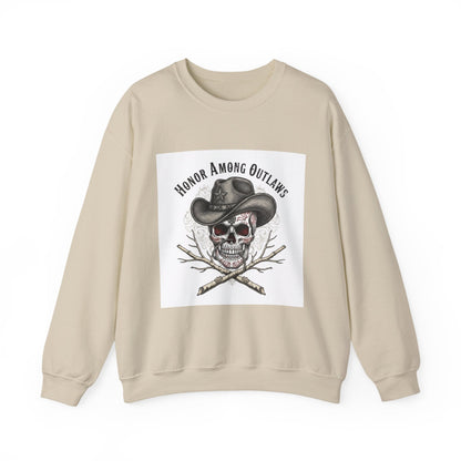 Honor Among Outlaws Crewneck, western skull art | gothic Americana, desert noir design