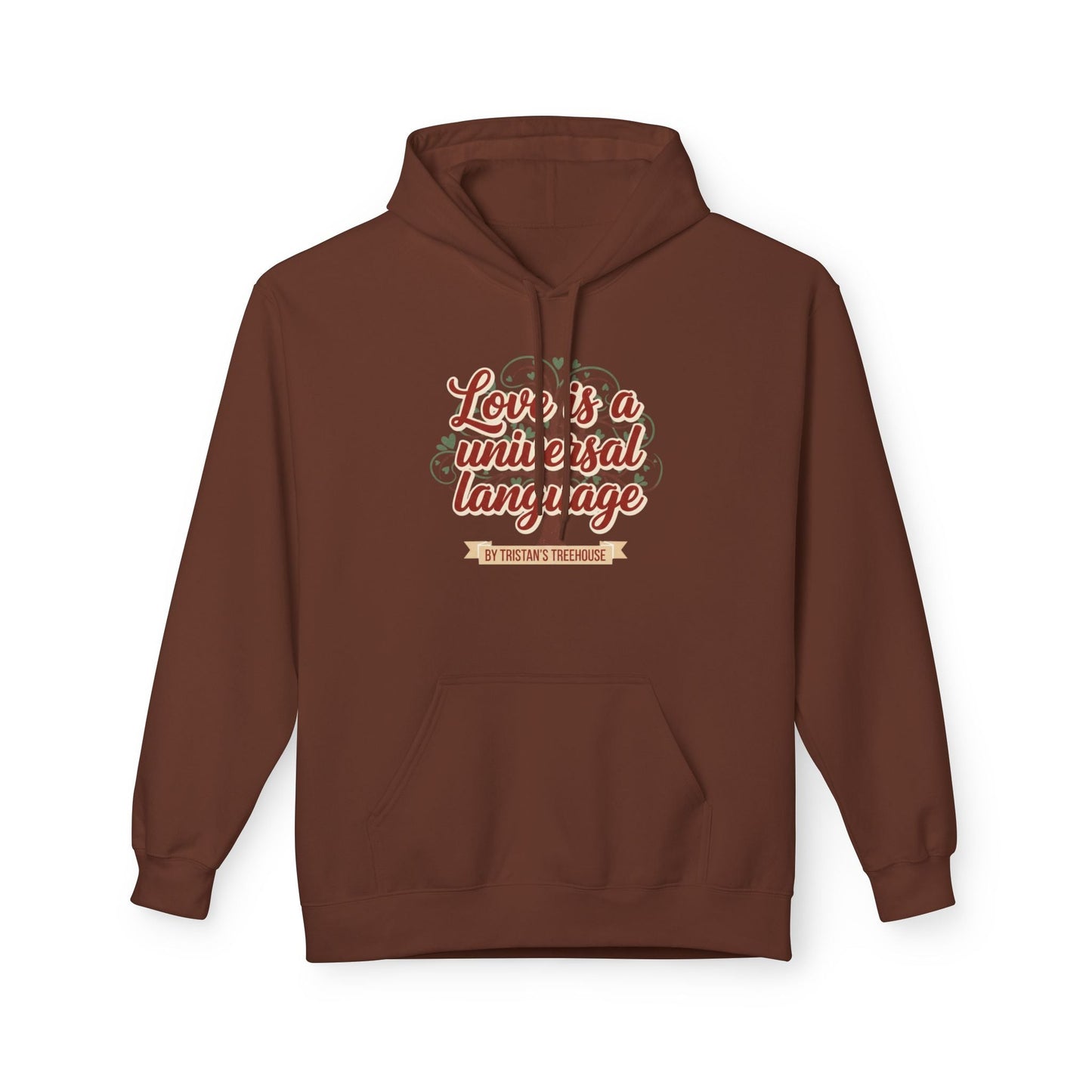 Hoodie — “Love is a Universal Language” Cozy Retro Cabin Graphic Hoodie