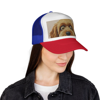 Cute Dog Face Trucker Cap — Red, White & Blue Puppy Snapback Hat