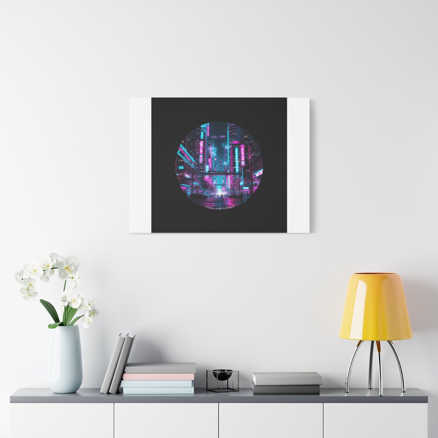 Neon Cyberpunk Cityscape Canvas | synthwave skyline, future city art