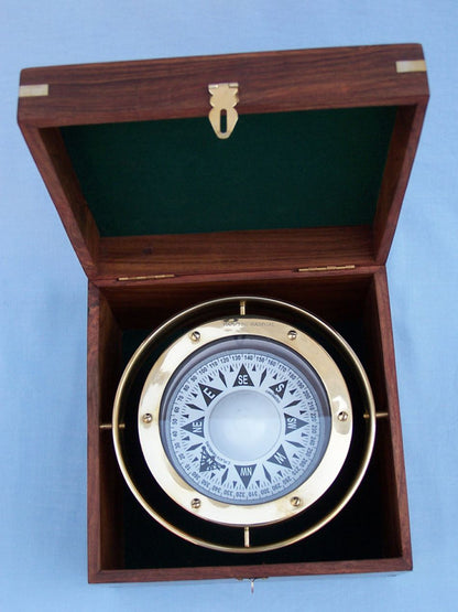Antique Brass Gimbal Compass w/ Rosewood Box 9""