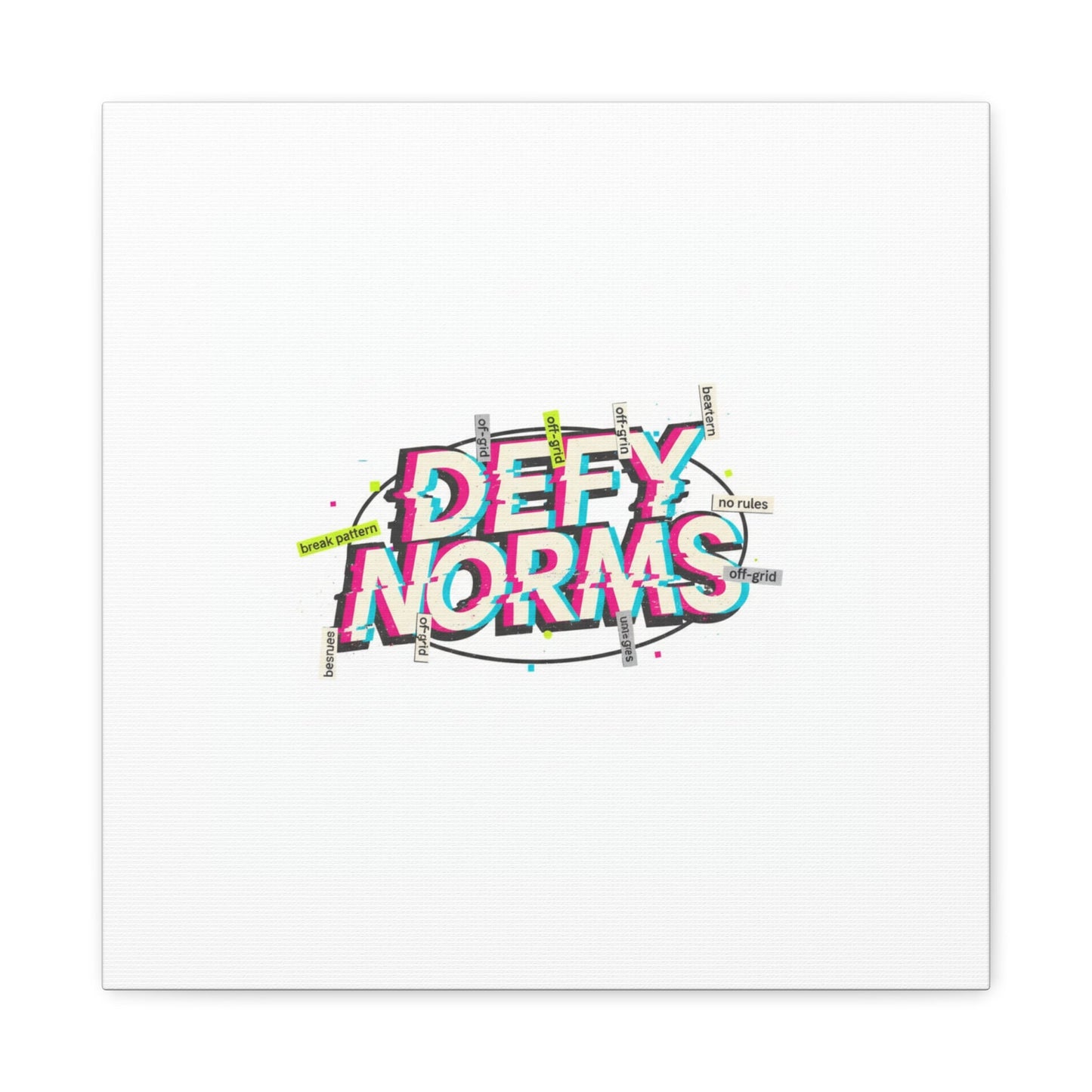 Defy Norms Canvas, Anti-Aesthetic Glitch Typography, Brutalist Poster Style