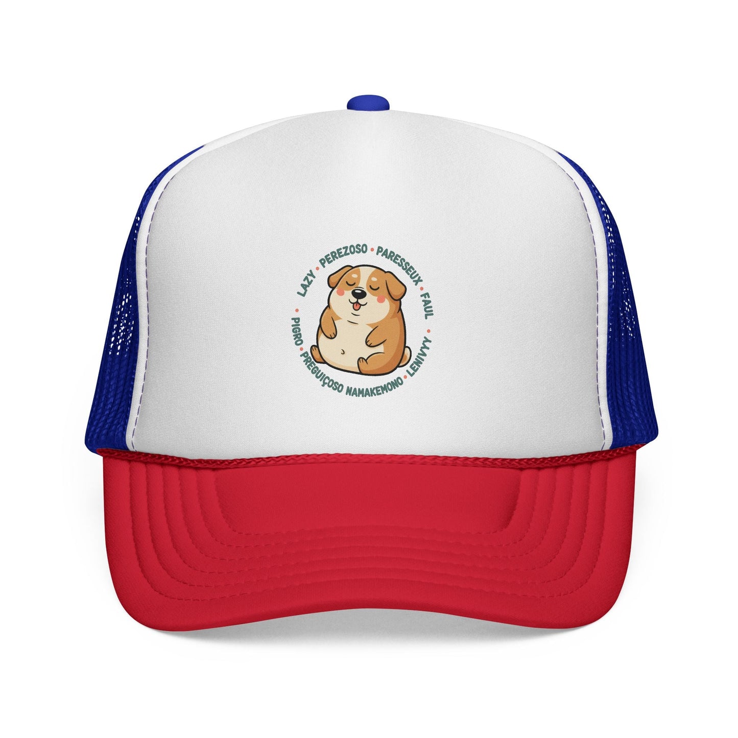 Funny Dog Meme Trucker Cap — "Fat Lazy" Multilingual Design (8 Languages)