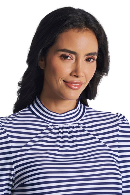 Women's Toscana Puff Sleeve Swim Top | White/Navy Stripe