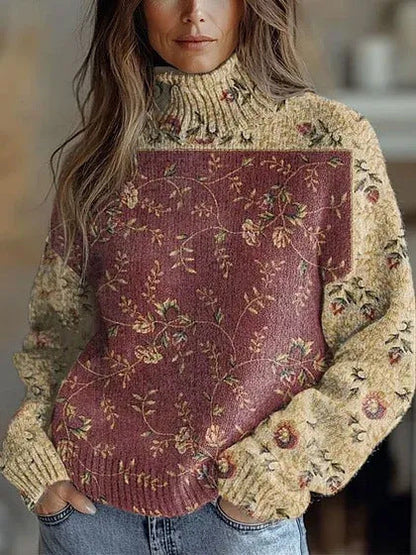 Elegant 3D Floral Print Turtleneck Sweater - Cozy Long Sleeve Pullover