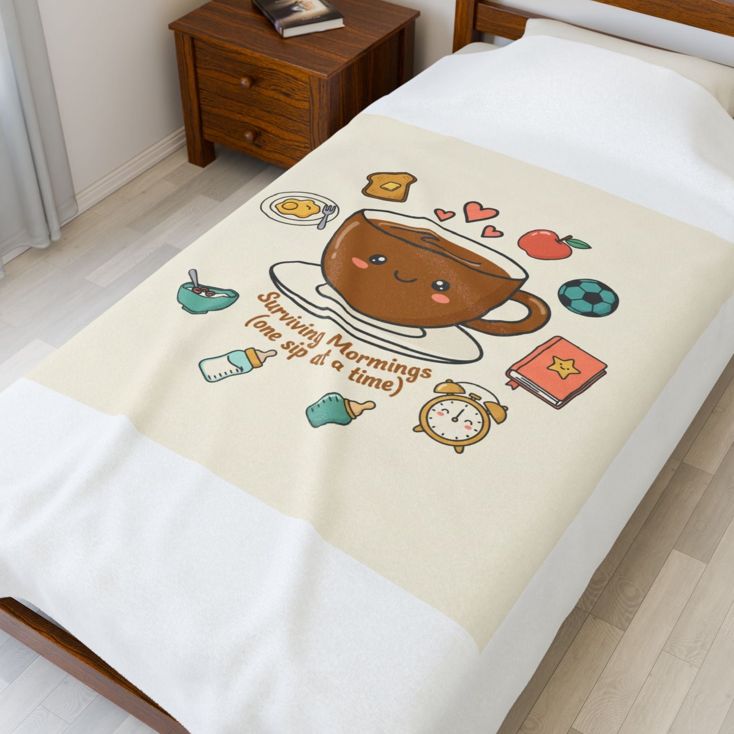 Surviving Mornings Coffee Mug Illustration Velveteen Plush Blanket | Parenting Morning Humor
