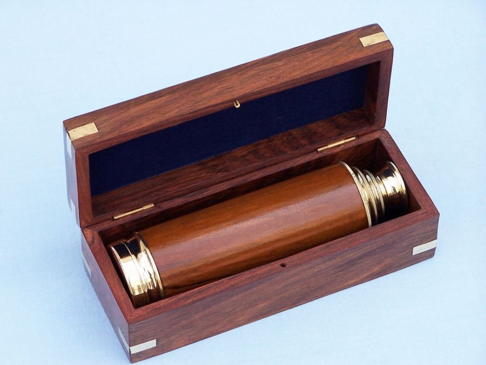 Deluxe Class Solid Brass - Wood Captain's Spyglass Telescope 15"" w/ Rosewood Box