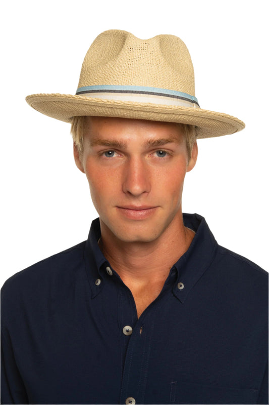 Men's Surf Club - Hand Woven Fedora Rugby Stripe Band | Natural