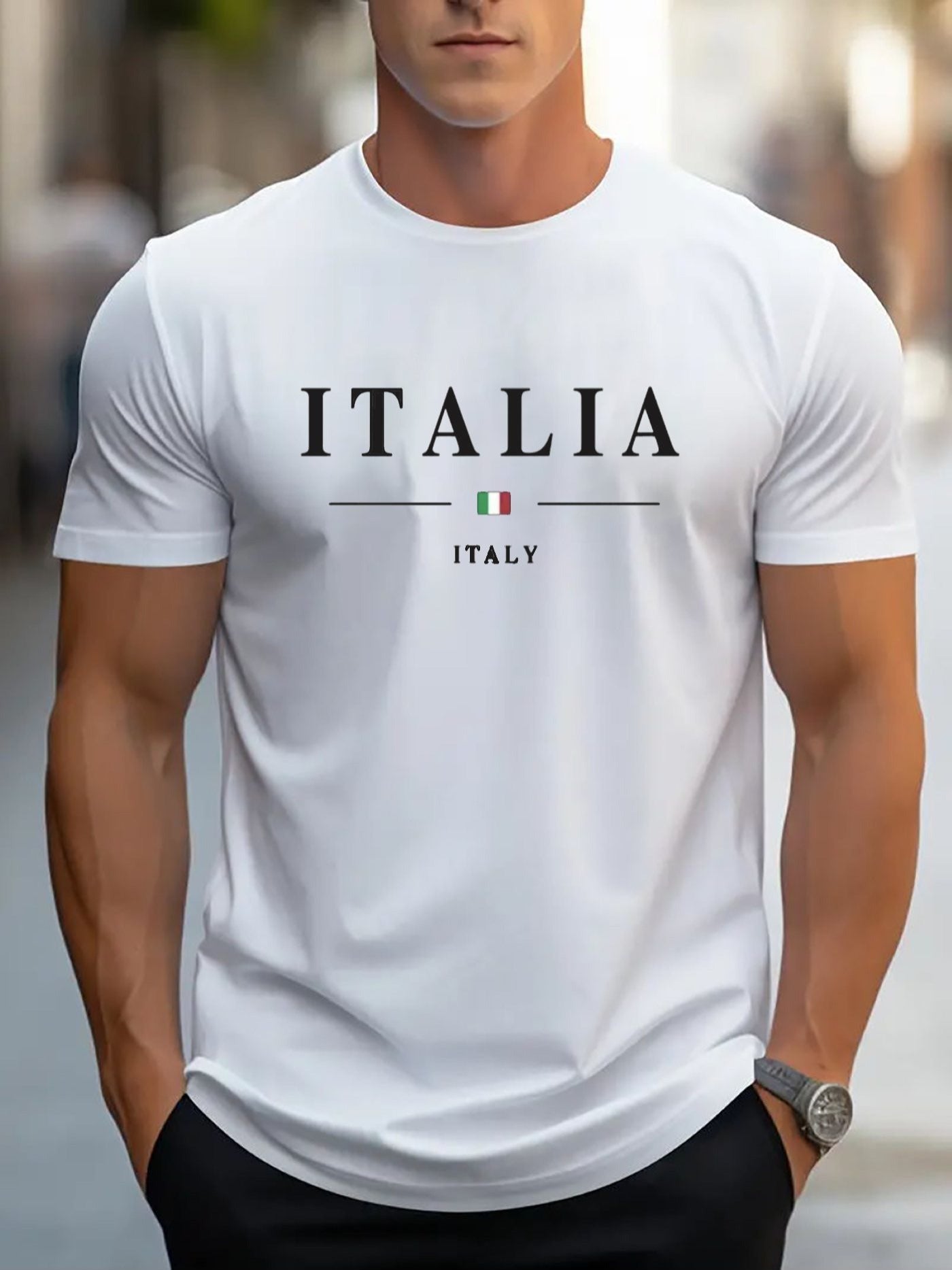 ITALIA Mens TShirt Comfortable Crew Neck Casual Cotton ShortSleeves Soft Breathable Top Menswear Tshirt Summer Spring Streetwear Cotton Fabric Trendy Letter Print