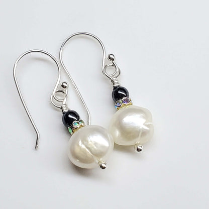 10mm Freshwater Baroque Pearl Sterling Silver Crystal Dangle Earrings